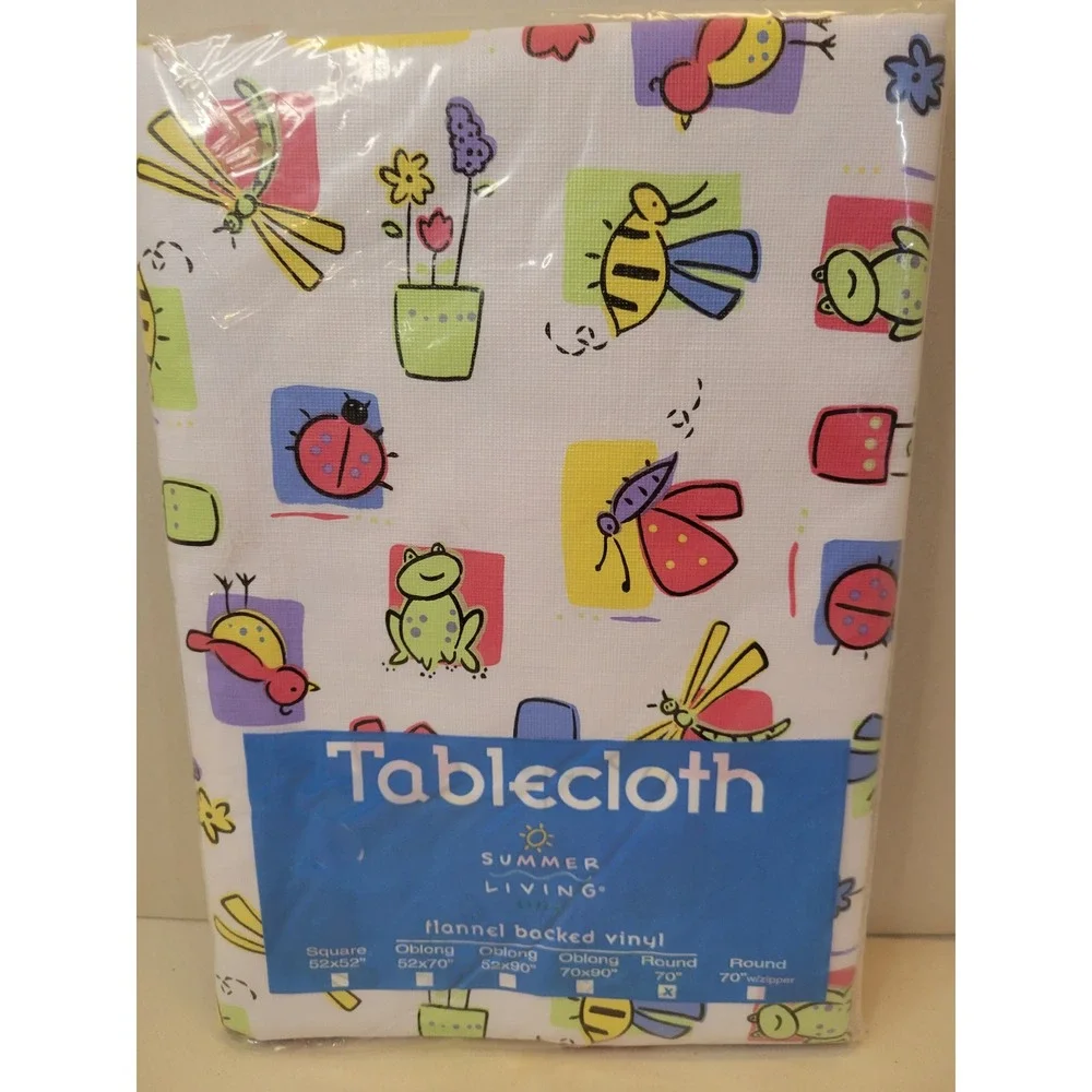 Summer Living Round 70 Flannel Backed Vinyl Tablecloth Garden Insect Frog Bee